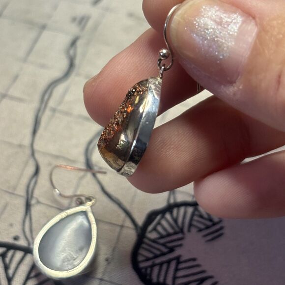 Rainbow Druzy 925 Sterling Silver Polished Stone Tear Drop Dangle Earrings - Picture 4 of 7